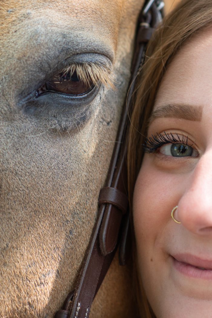 Regard du cheval et de sa cavalière, joue contre joue
